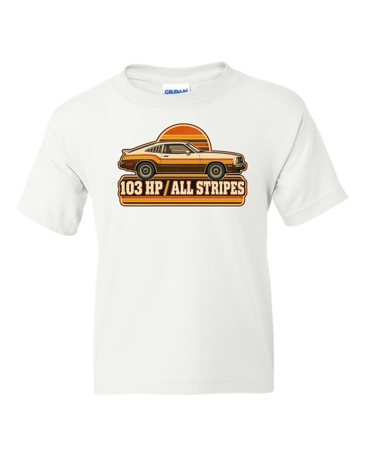 Vintage 70s race poster print of a 1976 Ford Mustang II fastback with stripes white kids tee front view with the design