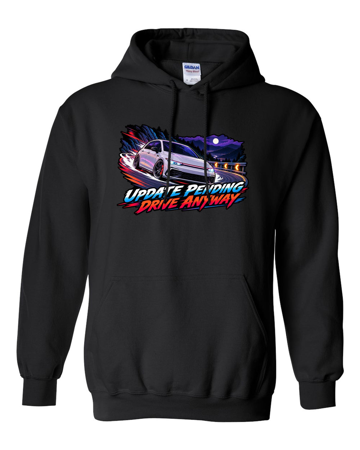Cel-shaded anime night touge scene of a VW Golf Mk8 GTI with update pending drive anyway text black pull over hoodie front view with the design