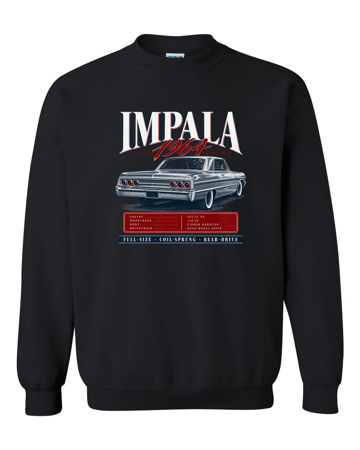1964 Impala SS B-body rear three-quarter archive panel print black crewneck front view with the design