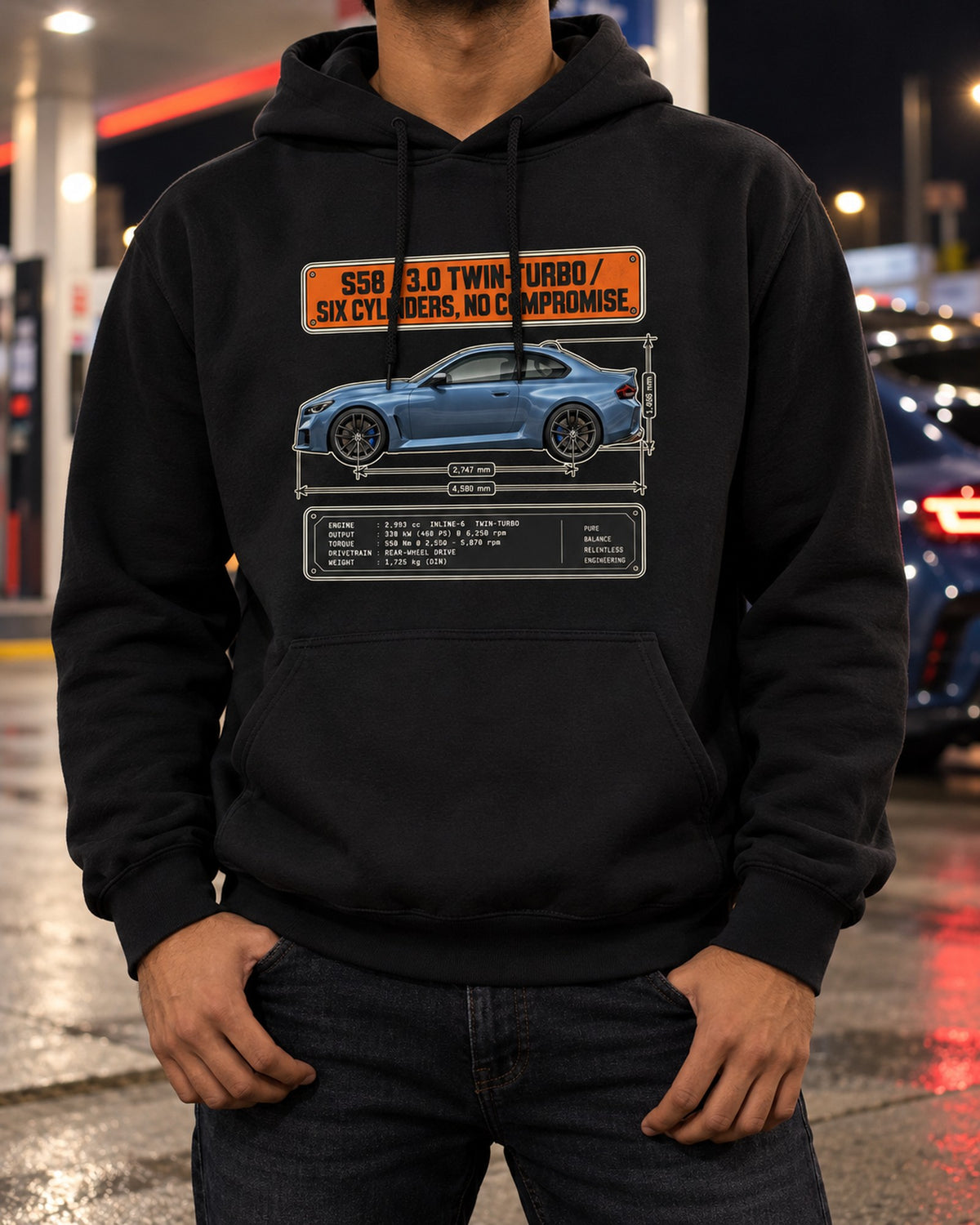 BMW M2 G87 Dimension Blueprint Tee, S58 Six-Cylinder Car Shirt Pull Over Hoodie Black worn hero