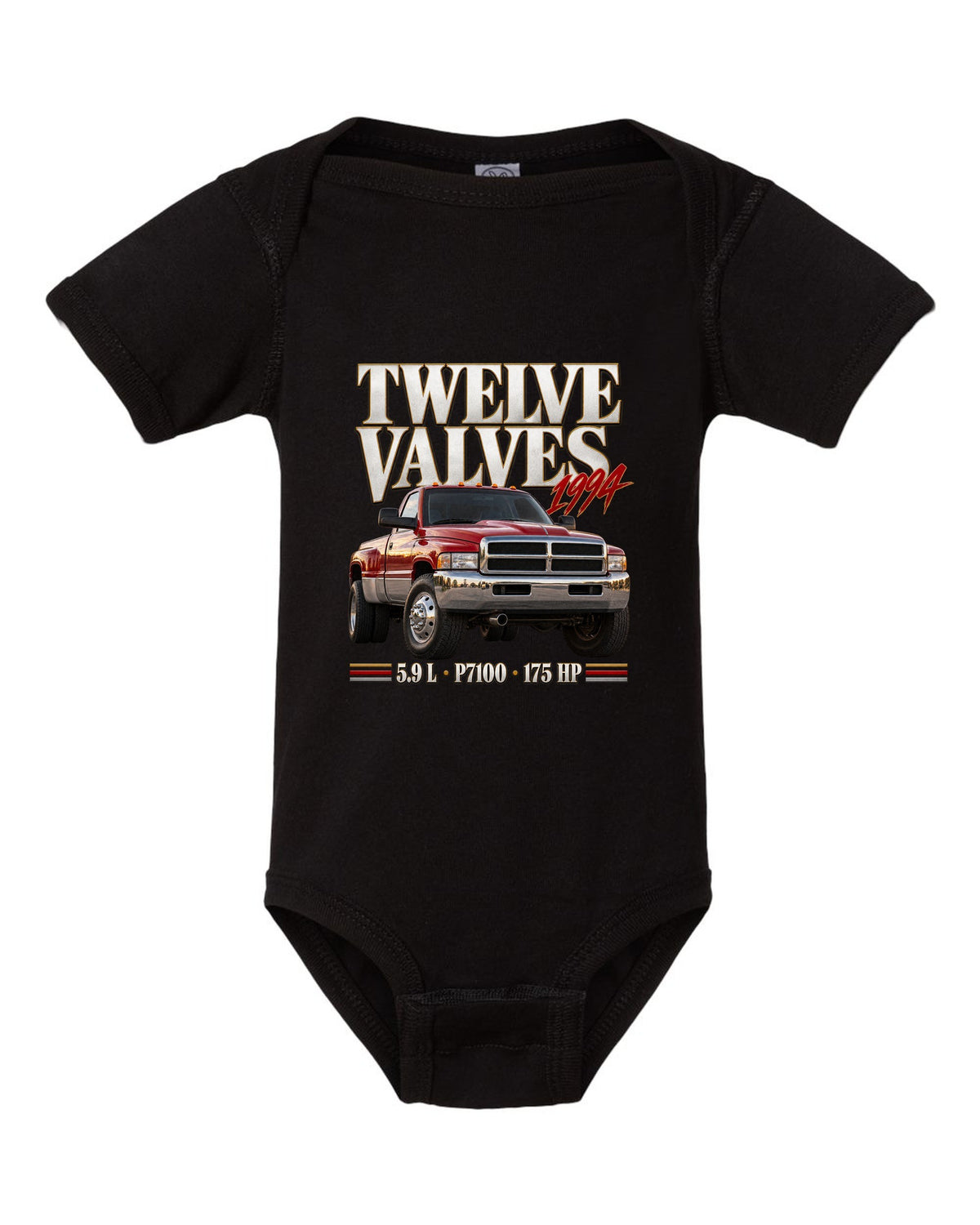 Editorial print of a 1994-98 Ram 2500 Cummins 5.9 12V with P7100 pump lettering black baby onesie front view with the design