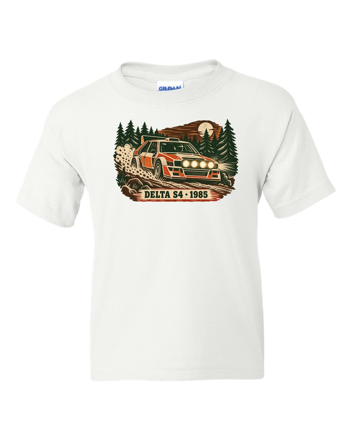 Multi-block linocut print of a 1985 Lancia Delta S4 on a forest rally stage white kids tee front view with the design