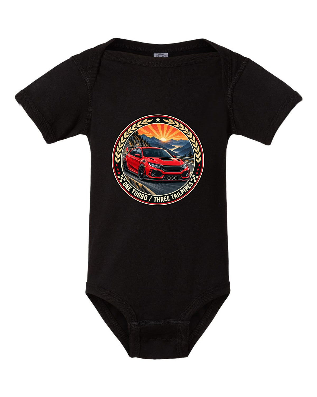 Original crest layout print for the Honda Civic Type R FK8 with one turbo three tailpipes text black baby onesie front view with the design