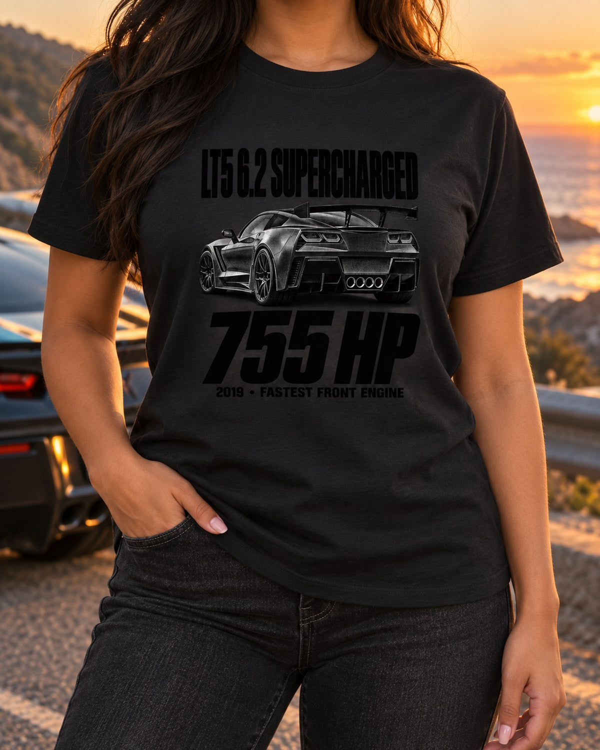 Corvette C7 ZR1 2019 LT5 755 HP Halftone Statement Shirt T-Shirt Black worn hero