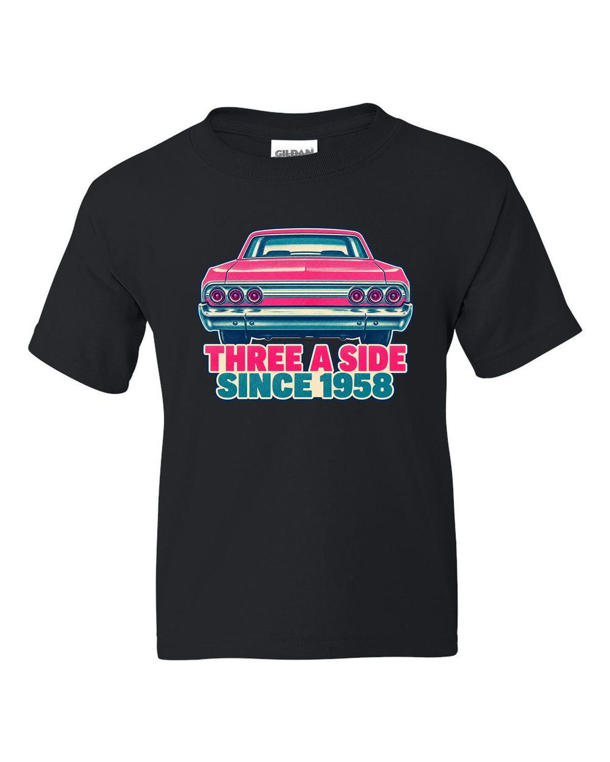 Two-colour risograph print of a 1964 Chevrolet Impala with its triple taillights black kids tee front view with the design