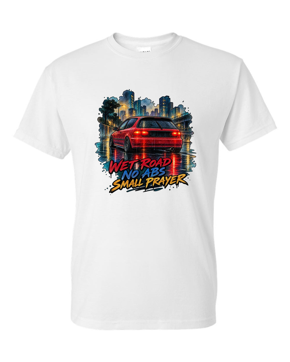 Watercolour wet road print of a Honda Civic EG6 ch with red taillights and no ABS text white t-shirt front view with the design