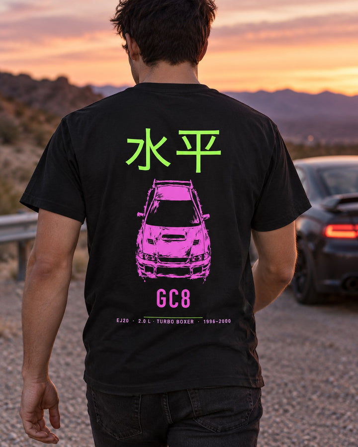 GC8 EJ20 Full-Back Graphic Tee T-Shirt Black worn hero