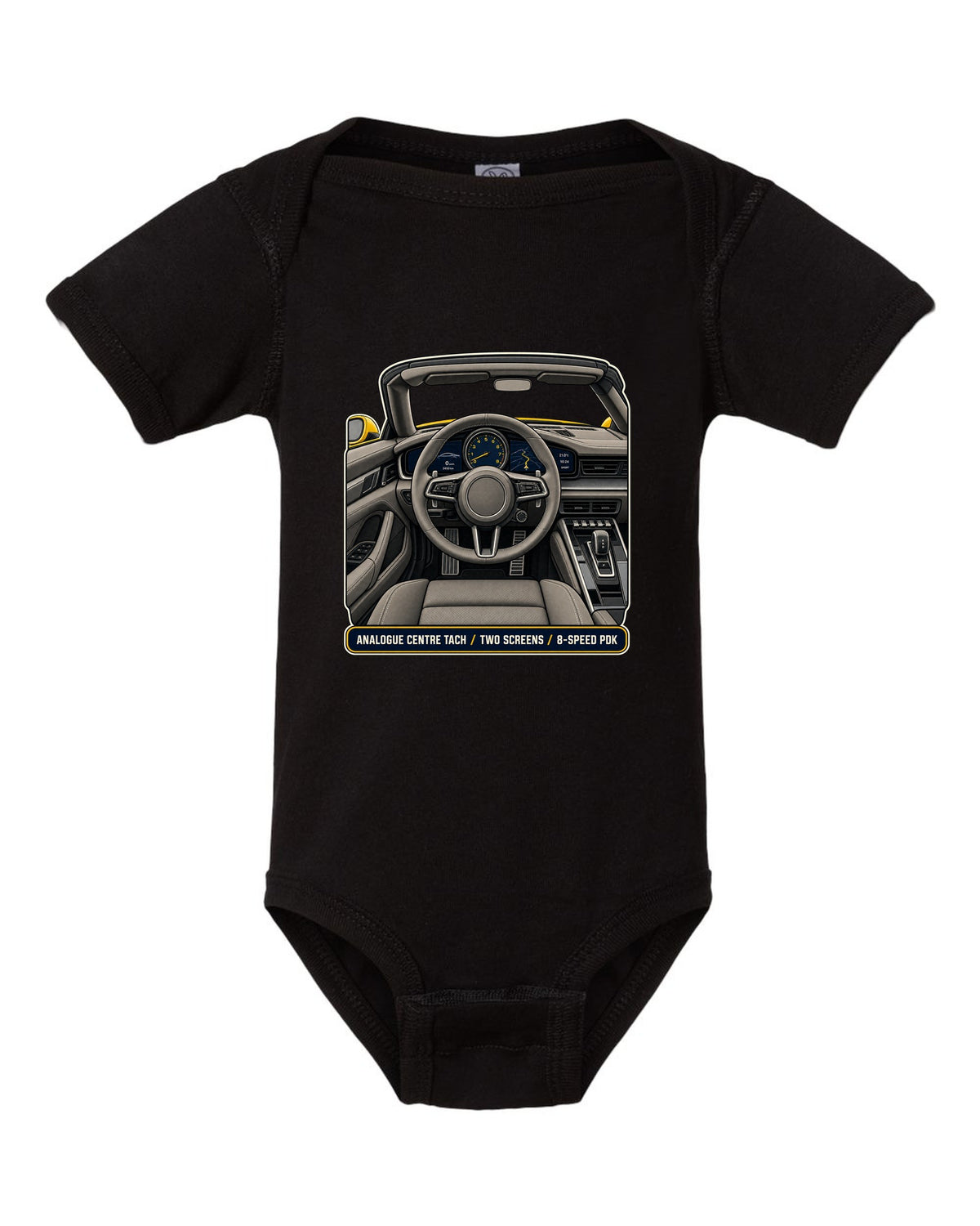 Cockpit and gauge print of a Porsche 992 Carrera S Cabriolet black baby onesie front view with the design