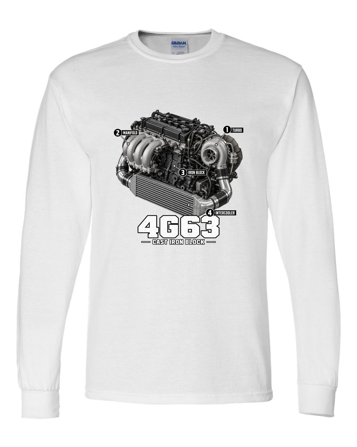 Engine diagram print for the Mitsubishi Lancer Evolution VI CP9A showing a 4G63 with turbo, manifold, iron block and intercooler callouts white long sleeve front view with the design