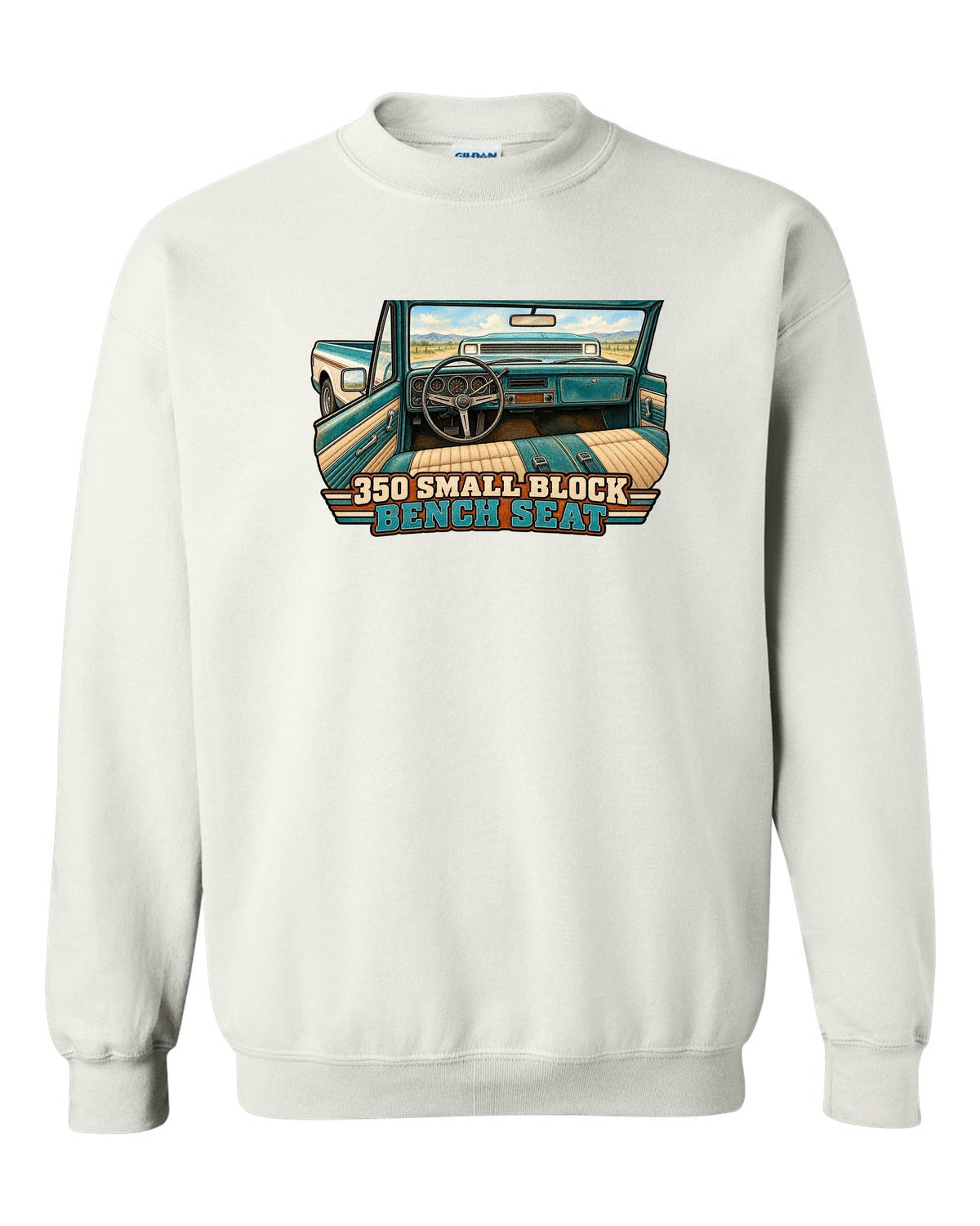 Watercolour wash print of a 1971 Chevrolet C10 Cheyenne with 350 Small Block and Bench Seat text white crewneck front view with the design