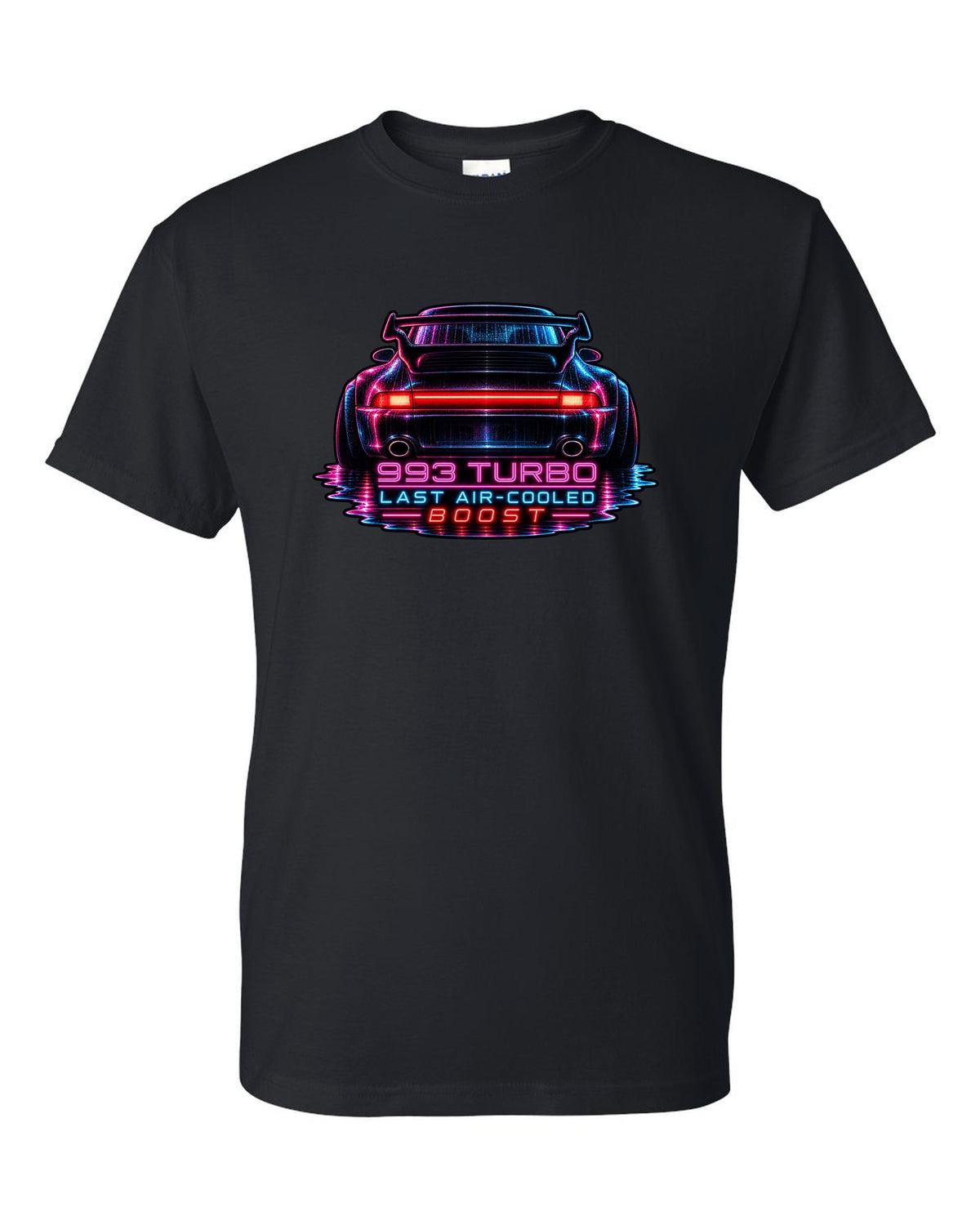 Porsche 993 Turbo neon noir design with glowing rear light bar black t-shirt front view with the design