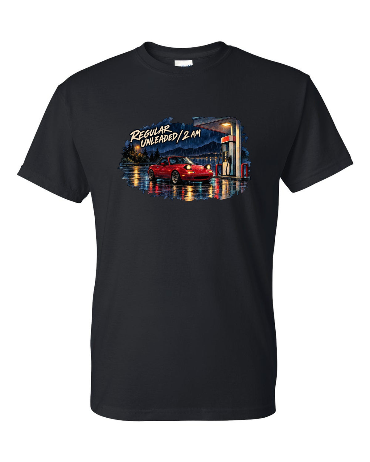 Watercolour wet-road night scene of a Mazda MX-5 NA at a fuel stop black t-shirt front view with the design
