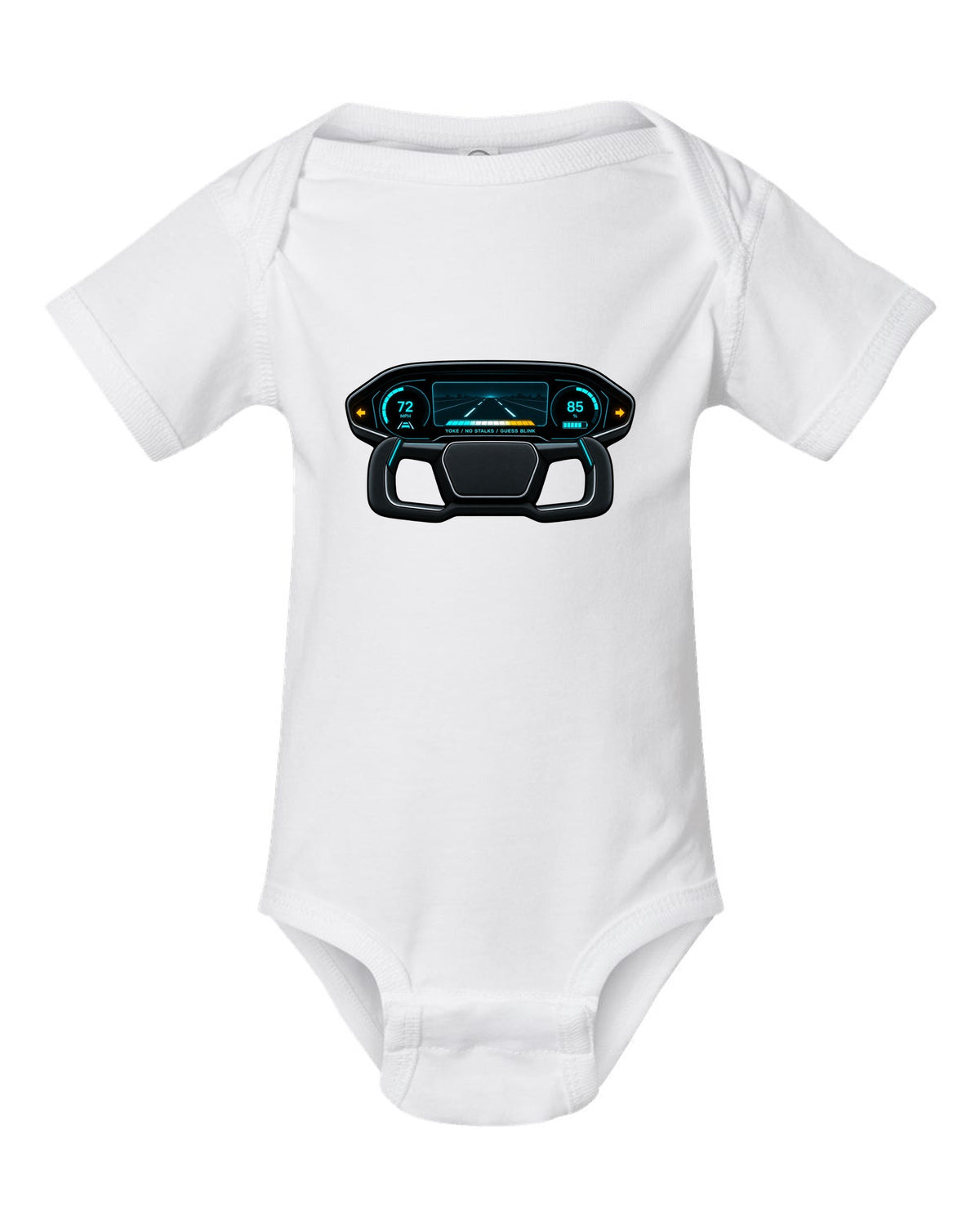 Gauge-cluster HUD design for a 2021 Tesla Model S Plaid with the words Yoke No Stalks Guess Blink white baby onesie front view with the design
