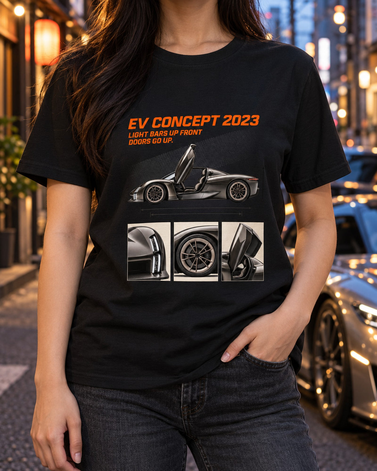 Porsche Mission X Dossier Panels Shirt, EV Concept Car Tee T-Shirt Black worn hero