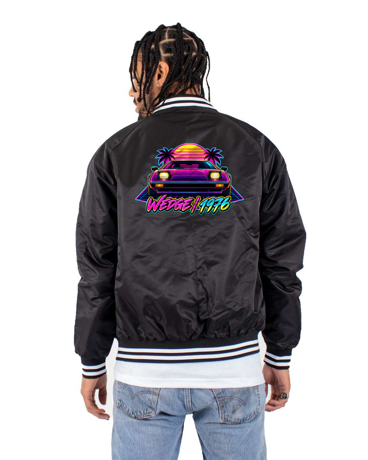 Lotus Esprit 1976 Pop-Up Wedge Neon Shirt, Synthwave Car Tee Bomber Jacket Black back