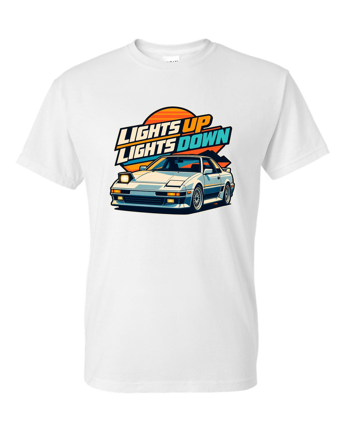 Pixel art of a Toyota AE86 Sprinter Trueno with pop-up headlights raised white t-shirt front view with the design