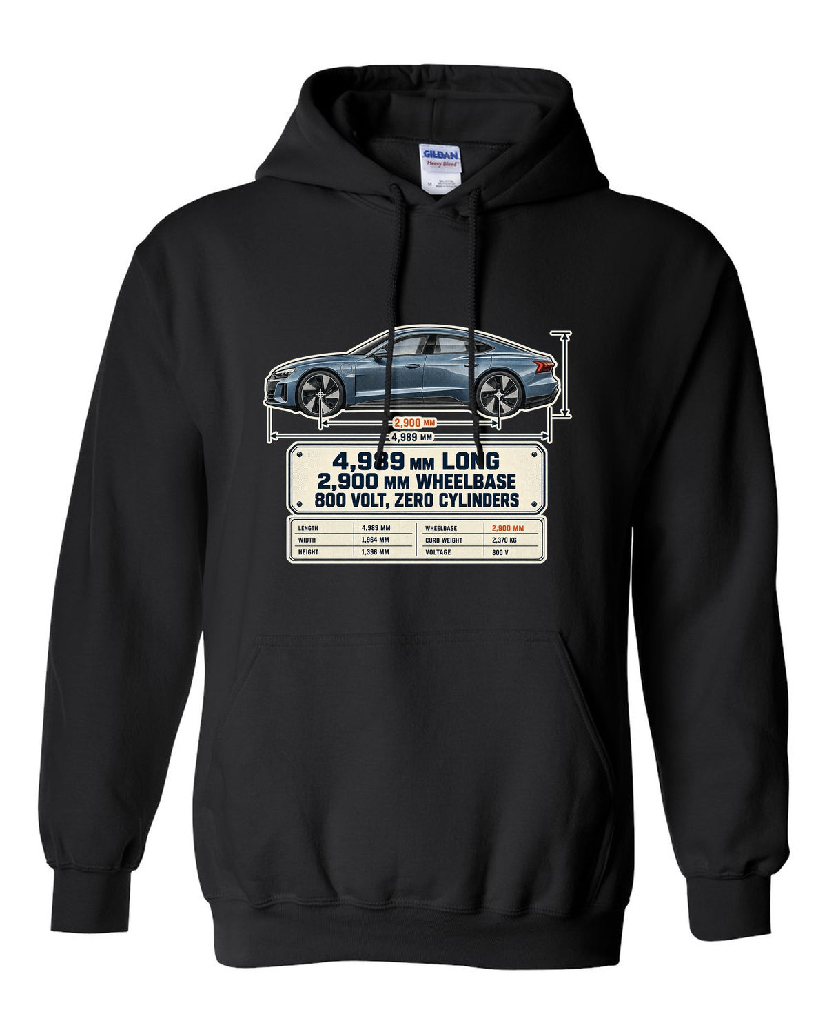 Audi RS e-tron GT J1 dimension blueprint print design black pull over hoodie front view with the design