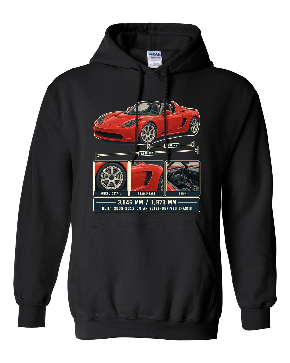 Dossier panel print of a first-generation Tesla Roadster with dimensions black pull over hoodie front view with the design