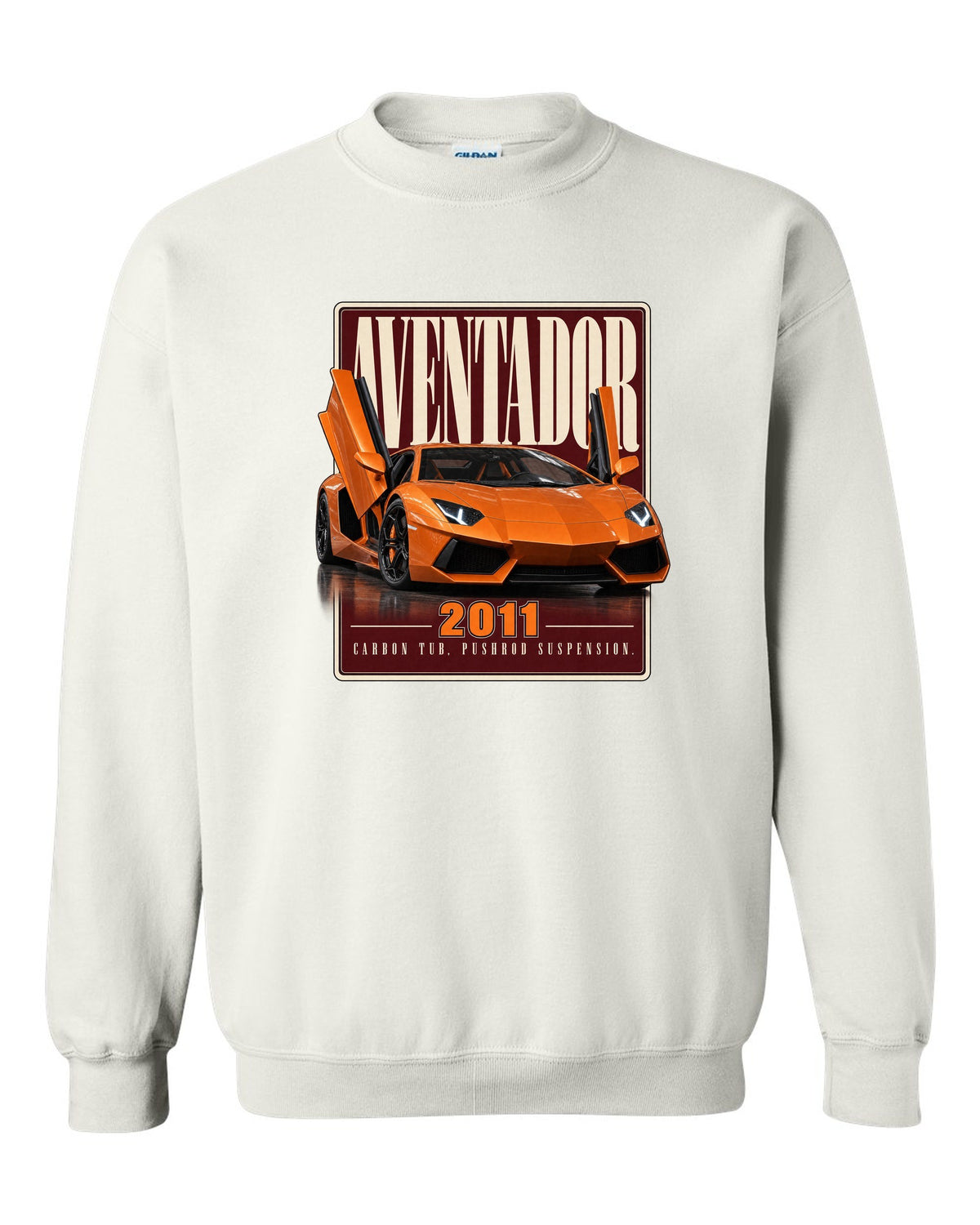 Editorial headline print of the Lamborghini Aventador LP700-4 white crewneck front view with the design