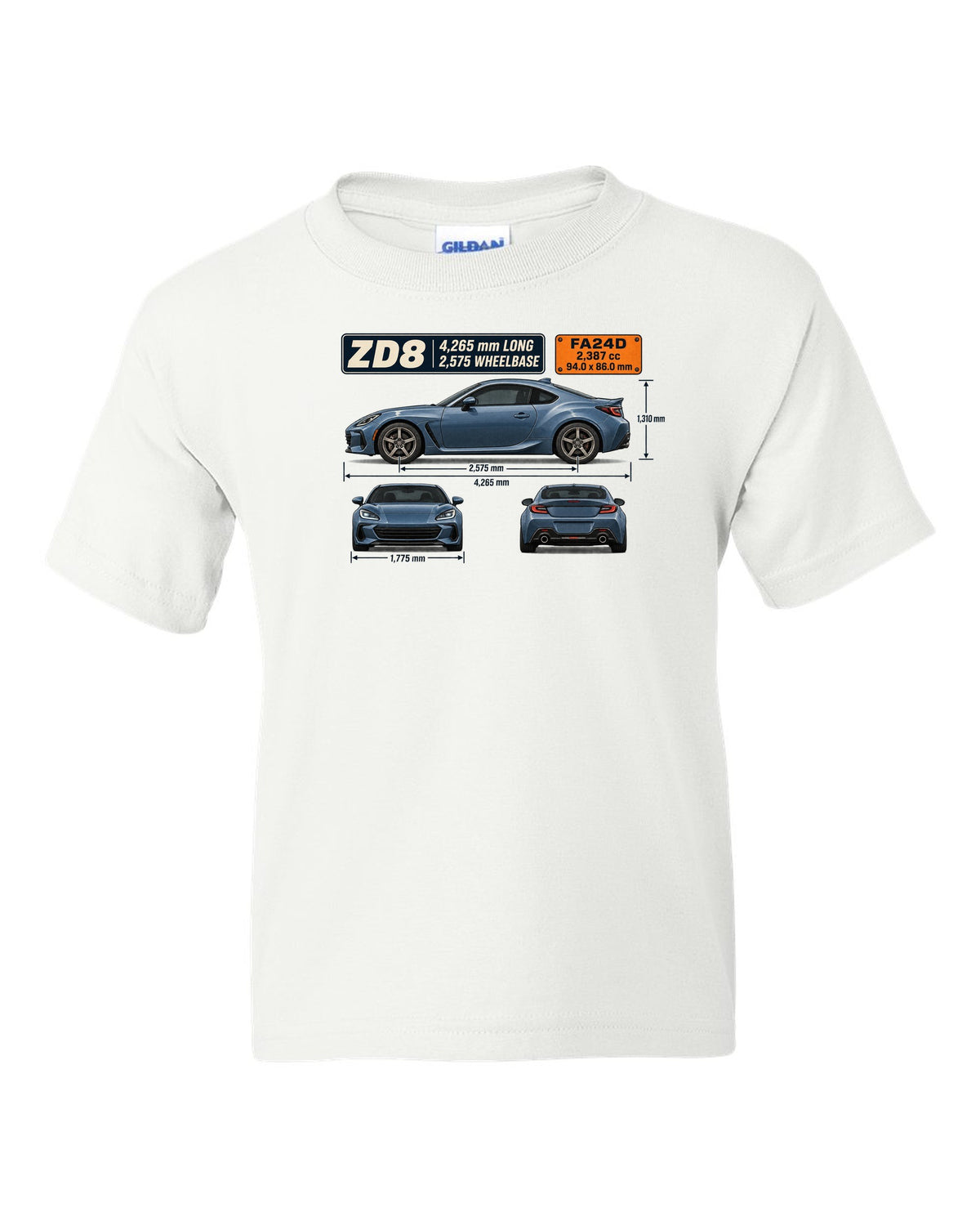 Blueprint-style dimension drawing of a Subaru BRZ ZD8 with length and wheelbase callouts white kids tee front view with the design