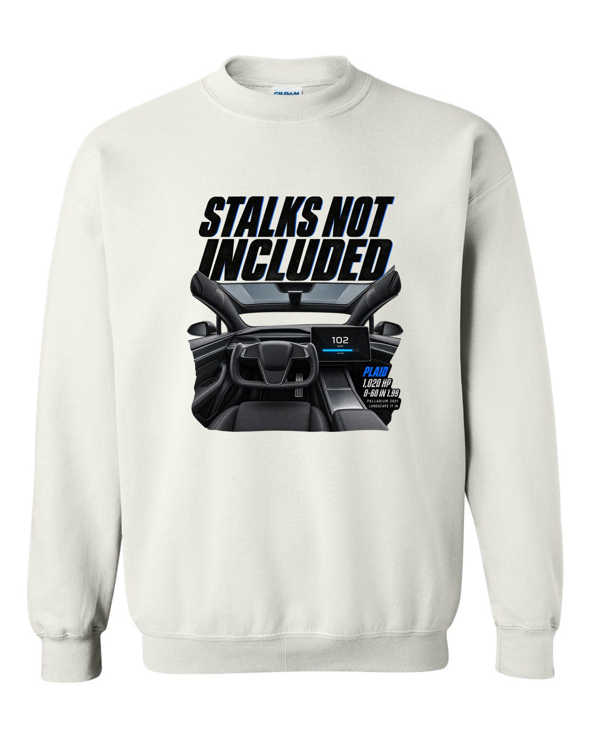 Cockpit print of a 2021 Tesla Model S Plaid Palladium with yoke and landscape screen white crewneck front view with the design