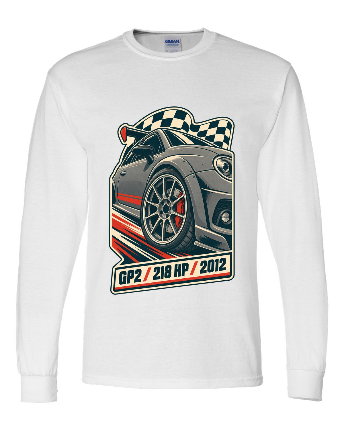 Vintage race poster of the Mini Cooper GP2 R56 with 218 HP and 2012 text white long sleeve front view with the design