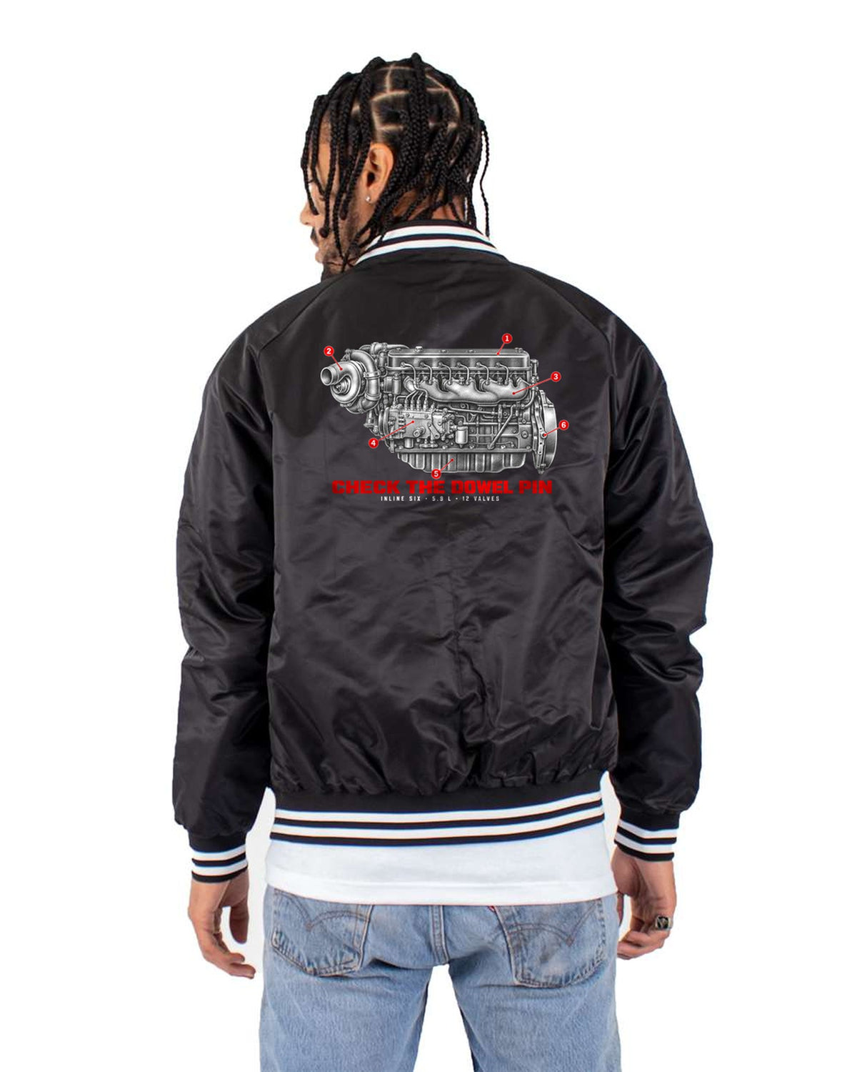 Ram 2500 5.9 12V Cummins Dowel Pin Anatomy Engine Shirt, Diesel Gift Bomber Jacket Black back