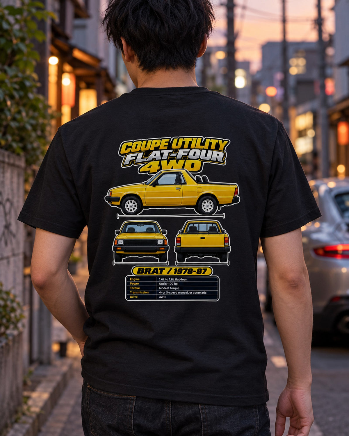 Subaru Brat Spec Sheet Full-Back Graphic Tee T-Shirt Black worn hero