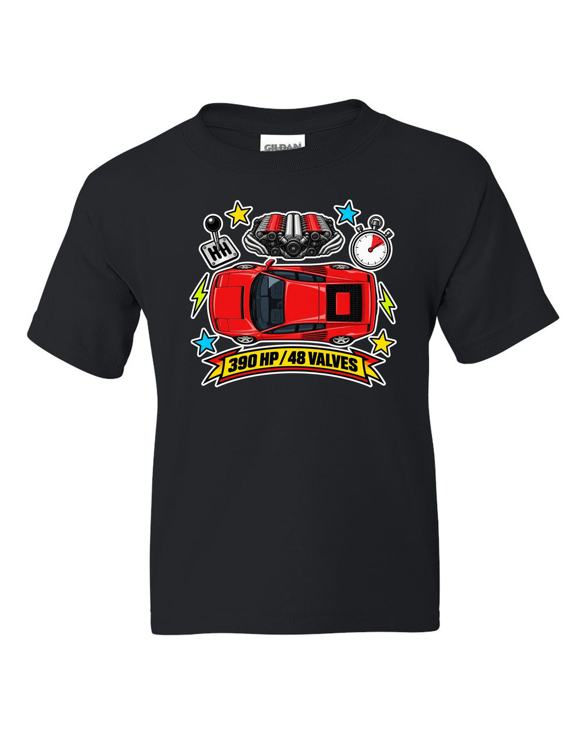 Sticker-bomb collage of the Ferrari Testarossa with 390 HP and 48 valves text black kids tee front view with the design