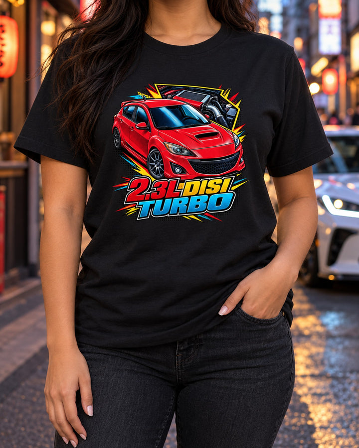 Mazdaspeed3 BK/BL Hood Scoop Comic Pop Art Tee, 2.3L DISI Turbo T-Shirt Black worn hero