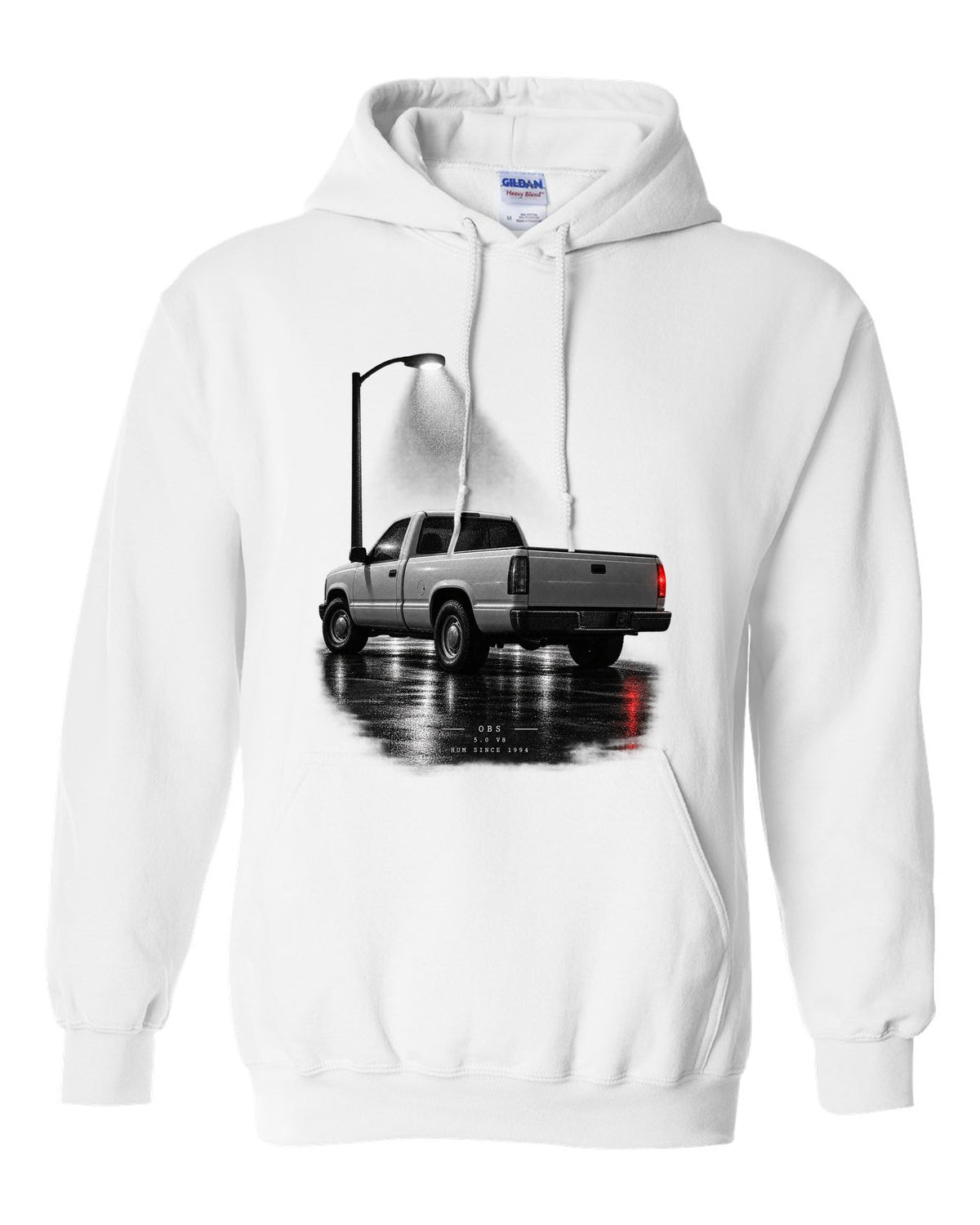 Night garage print of a 1992-97 Ford F-150 OBS truck with 5.0 V8 lettering white pull over hoodie front view with the design