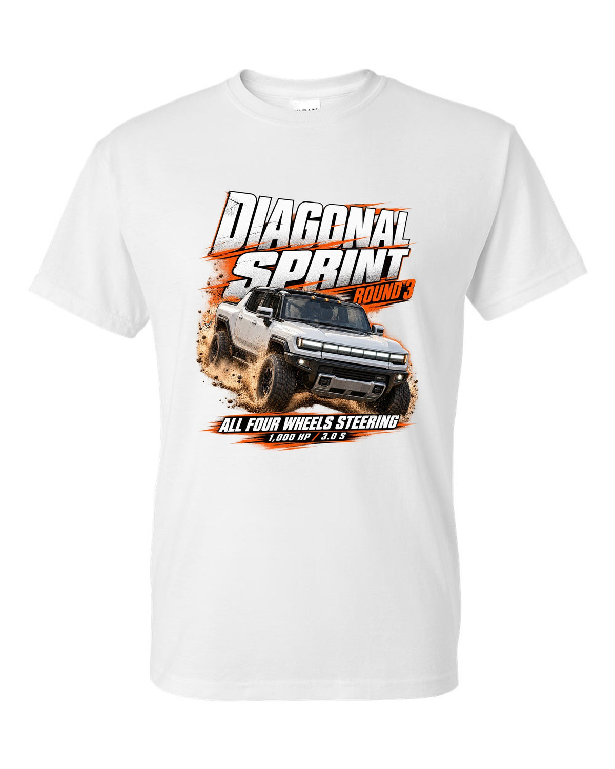 Race poster print of a 2022 GMC Hummer EV pickup EV3X with diagonal sprint text white t-shirt front view with the design