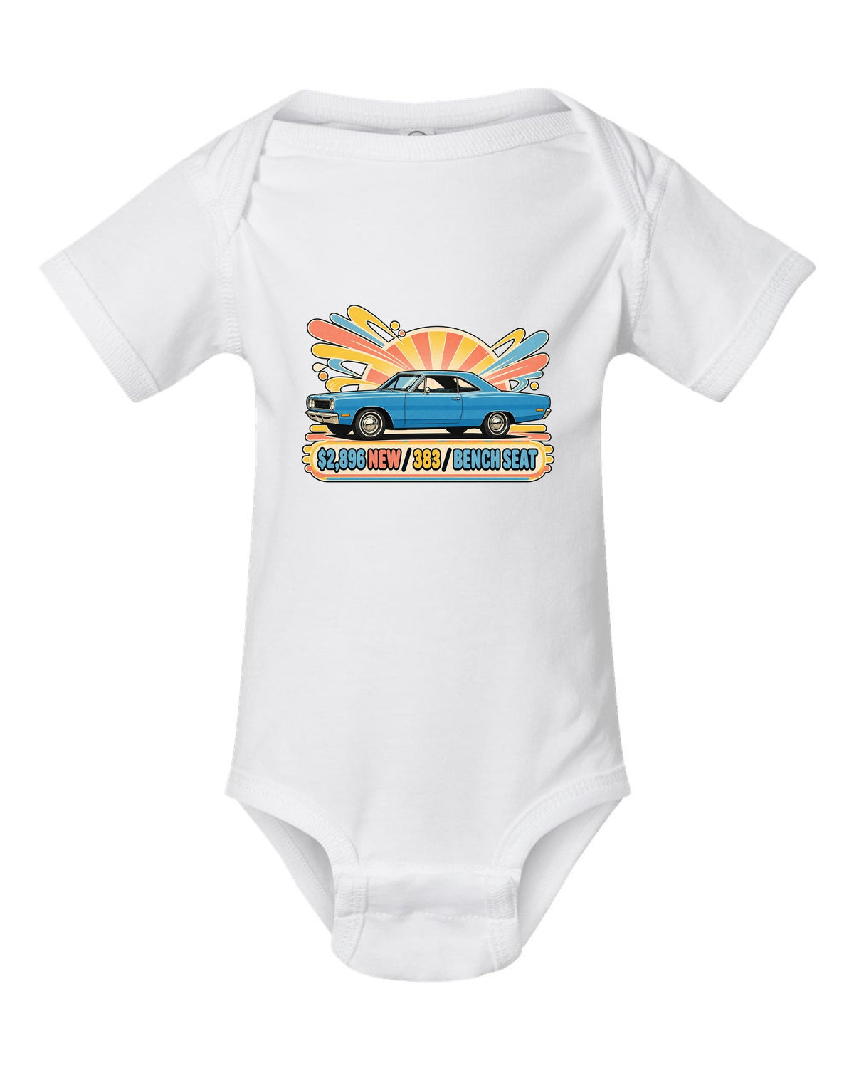 Retro Japanese showa catalogue ad of a 1968 Plymouth Road Runner with price 383 and bench seat text white baby onesie front view with the design