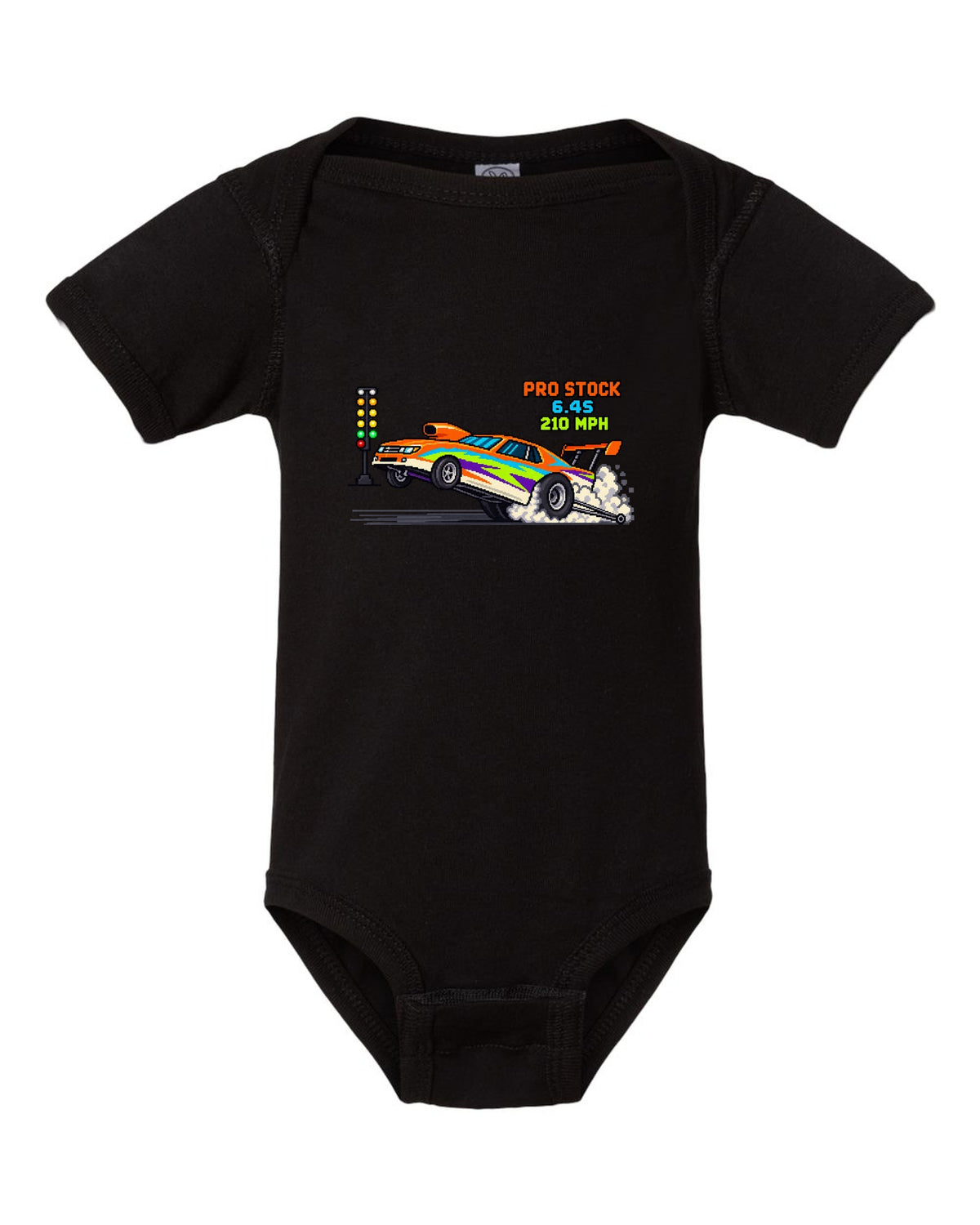 8-bit pixel art Pro Stock drag car launching with 6.4S 210 MPH lettering black baby onesie front view with the design