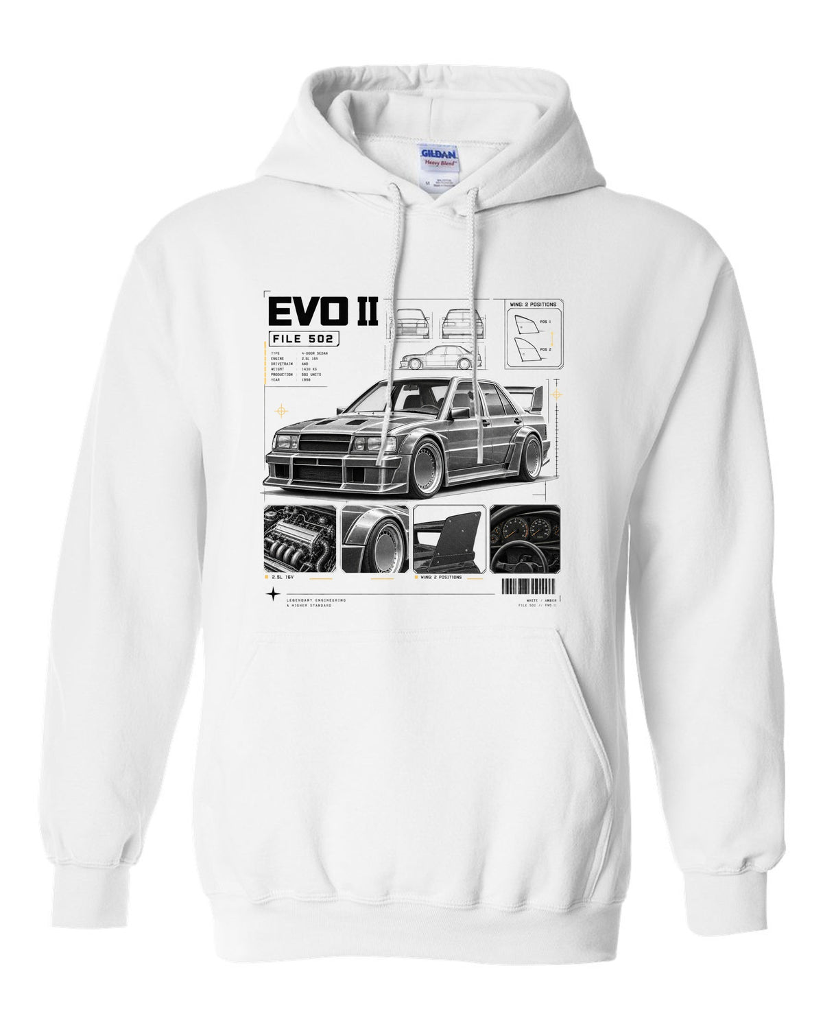 print dossier panels of a Mercedes 190E Evolution II W201 listing file 502, 2.5L 16V and wing positions white pull over hoodie front view with the design