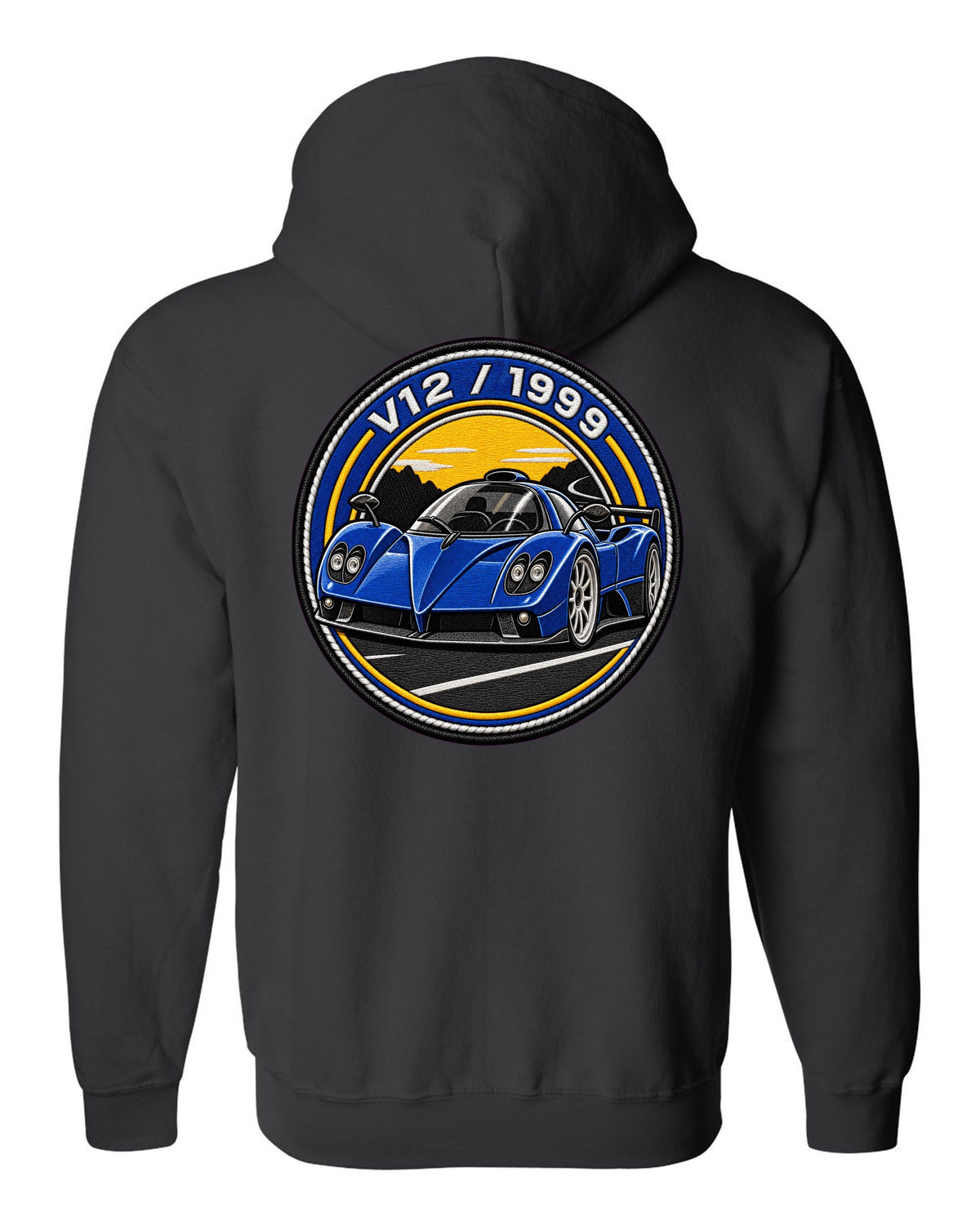 Varsity embroidery-style print for the 1999 Pagani Zonda C12 with V12 and 1999 lettering black zip hoodie back view with the design