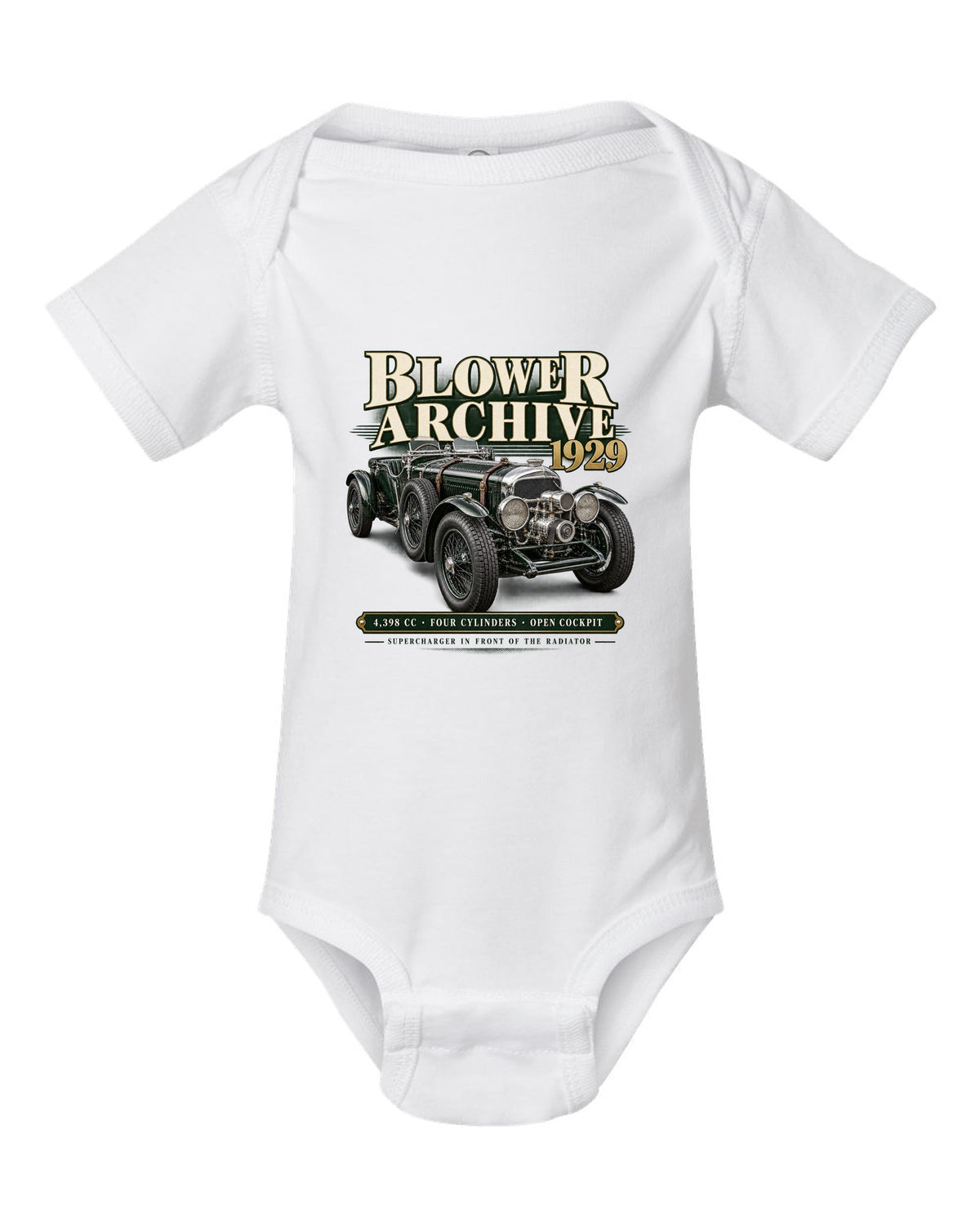 Bentley Blower 1929 archive panel with supercharger detail white baby onesie front view with the design