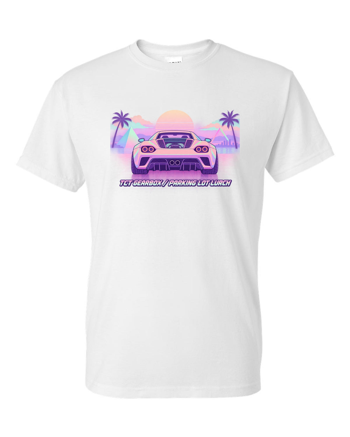 Vaporwave pastel illustration of an Alfa Romeo 4C with TCT gearbox parking lot lurch text white t-shirt front view with the design