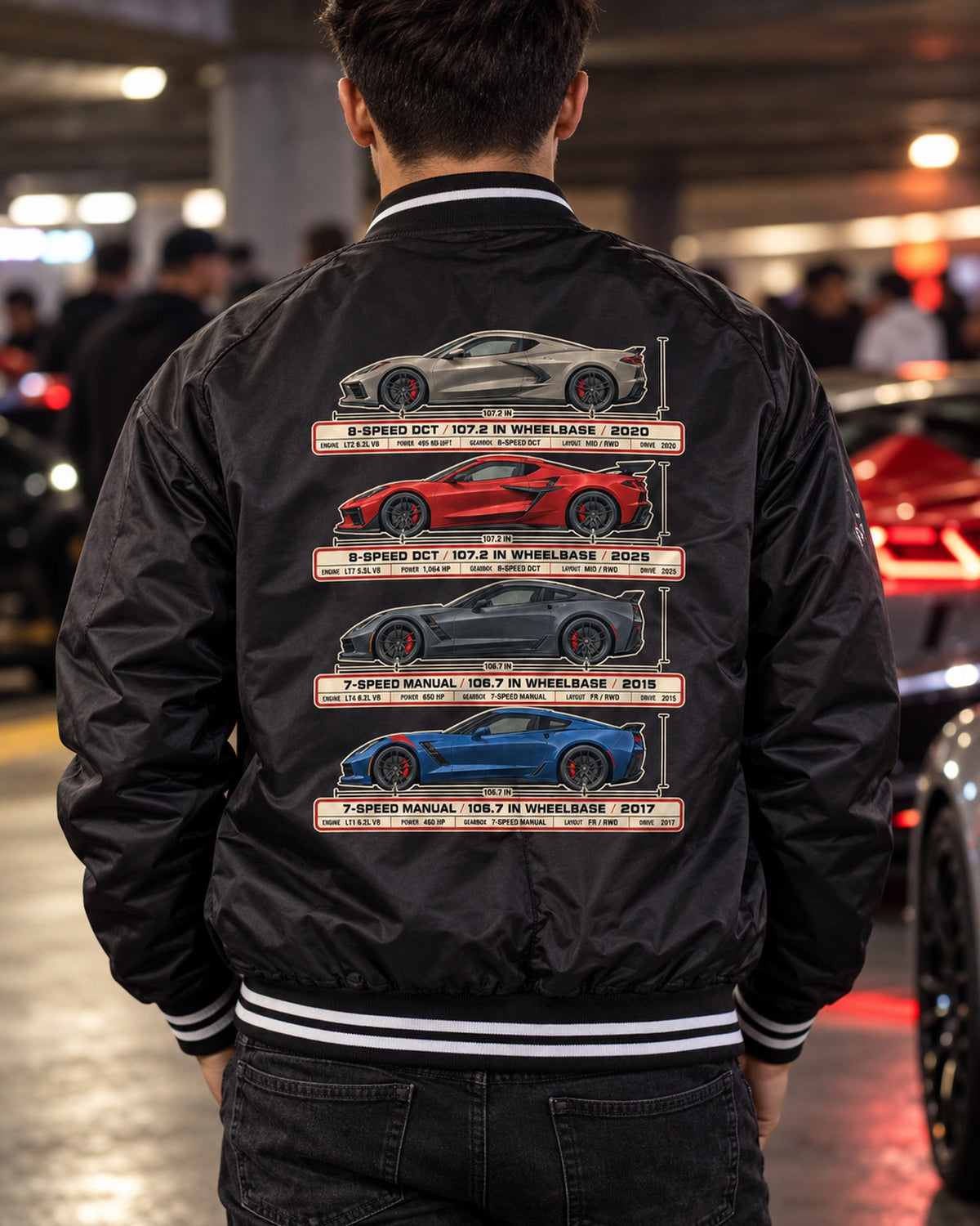 Chevy Corvette C8 Stingray Spec Poster Shirt, 2020 Car Tee Bomber Jacket Black worn hero