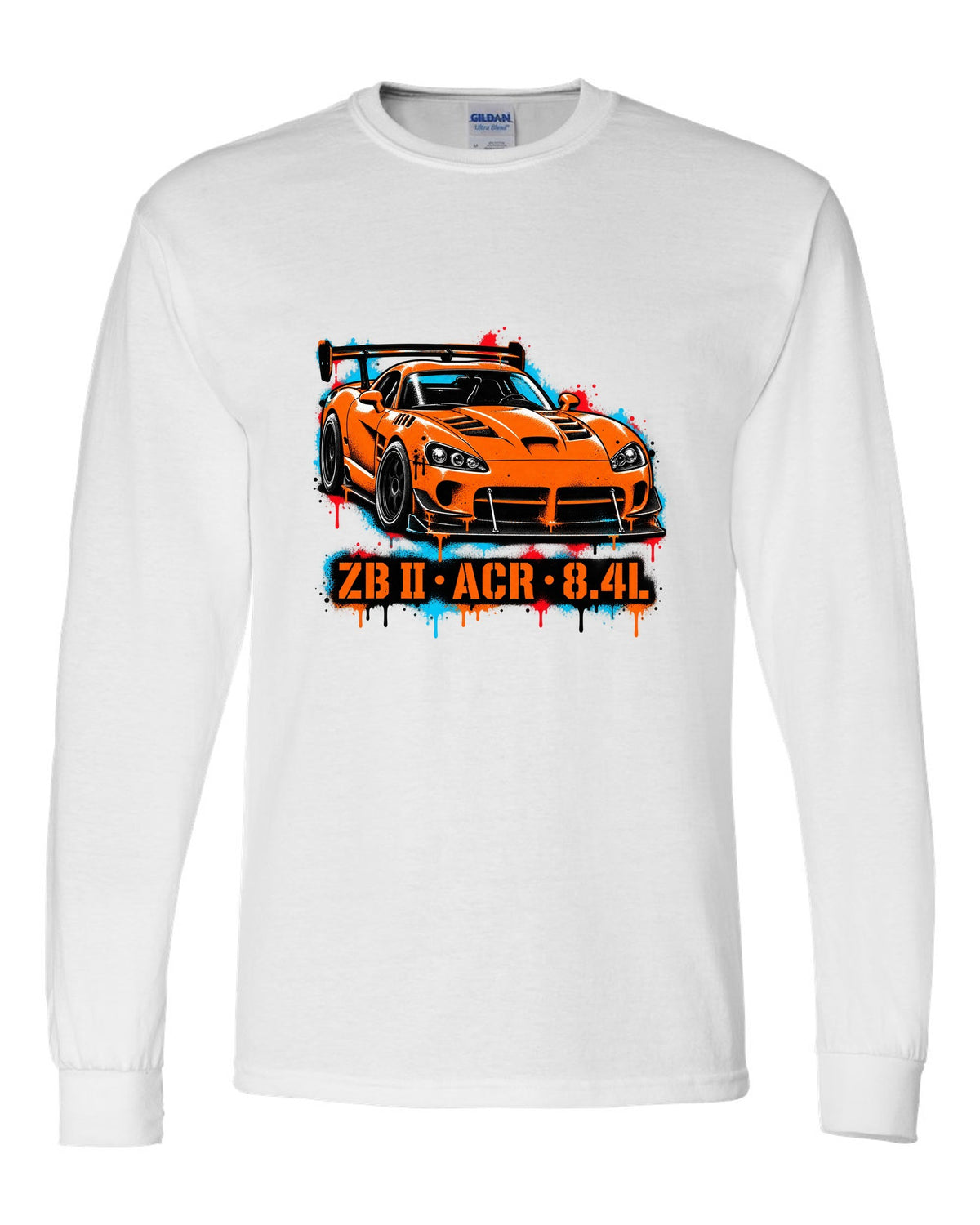 Stencil spray street art of a 2008 Dodge Viper ACR with large rear wing, ZB II ACR 8.4L lettering white long sleeve front view with the design