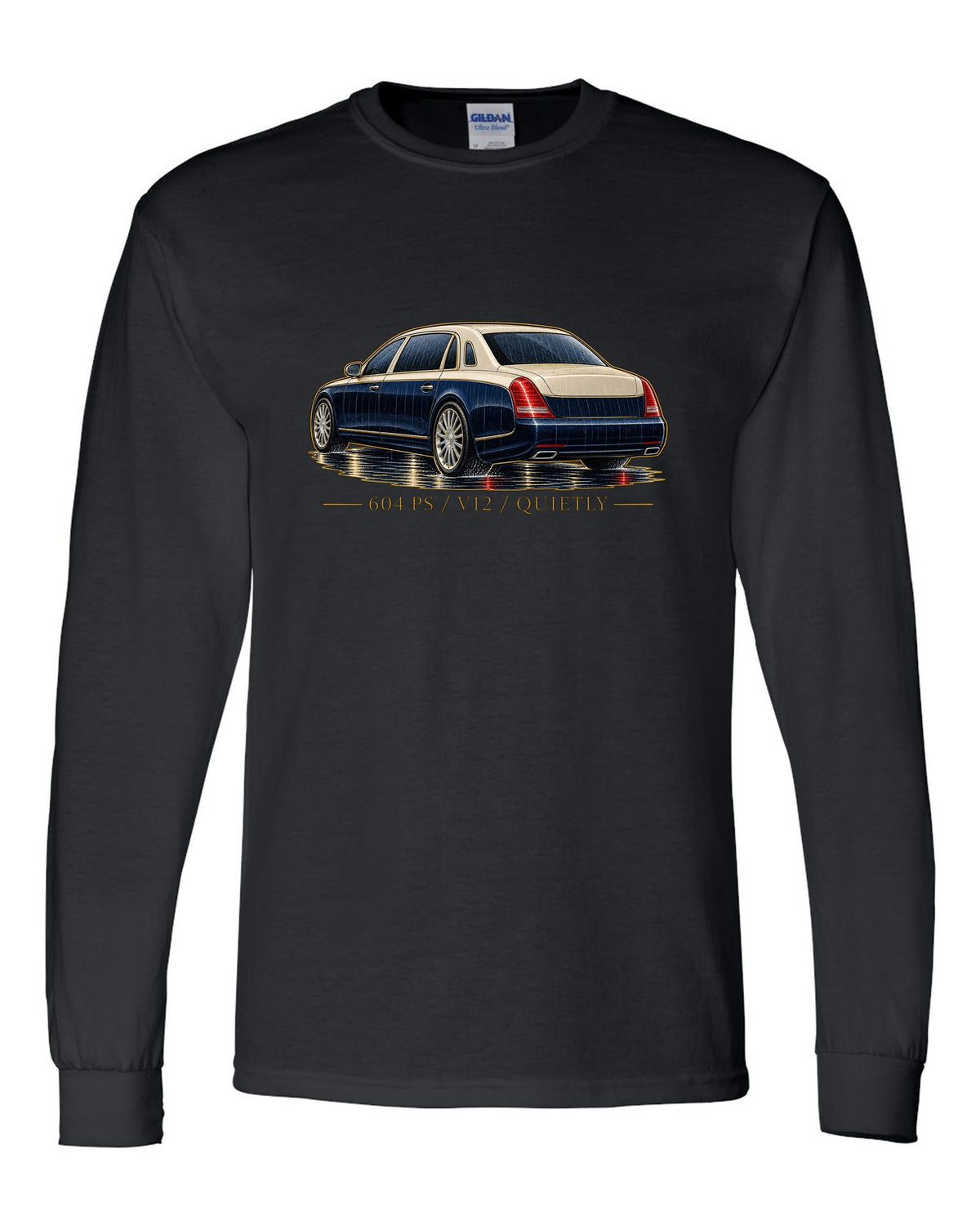 Single-line contour drawing of a Maybach 57 S W240 in rain with 604 PS V12 Quietly text black long sleeve front view with the design