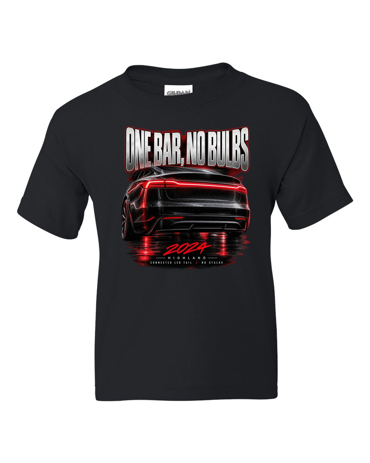 Taillight macro print of a 2024 Tesla Model 3 Highland connected LED tail black kids tee front view with the design