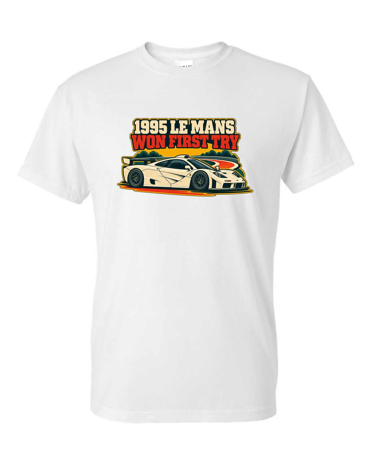 Vintage race poster print of the McLaren F1 GTR with 1995 Le Mans Won First Try lettering white t-shirt front view with the design