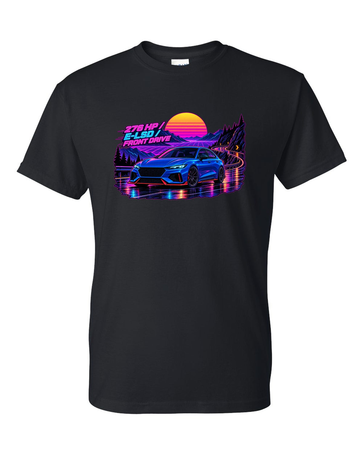 Hyundai Elantra N CN7 synthwave wet road print with 276 HP and E-LSD text black t-shirt front view with the design