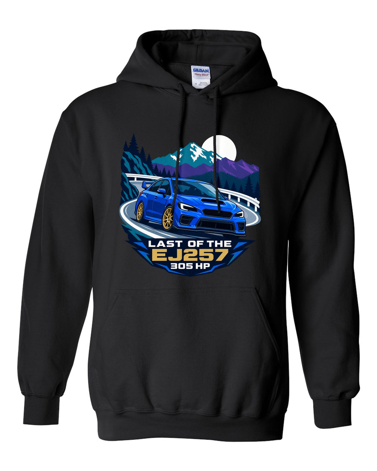 Flat vector minimalist Subaru WRX STI VAB on a hairpin corner black pull over hoodie front view with the design