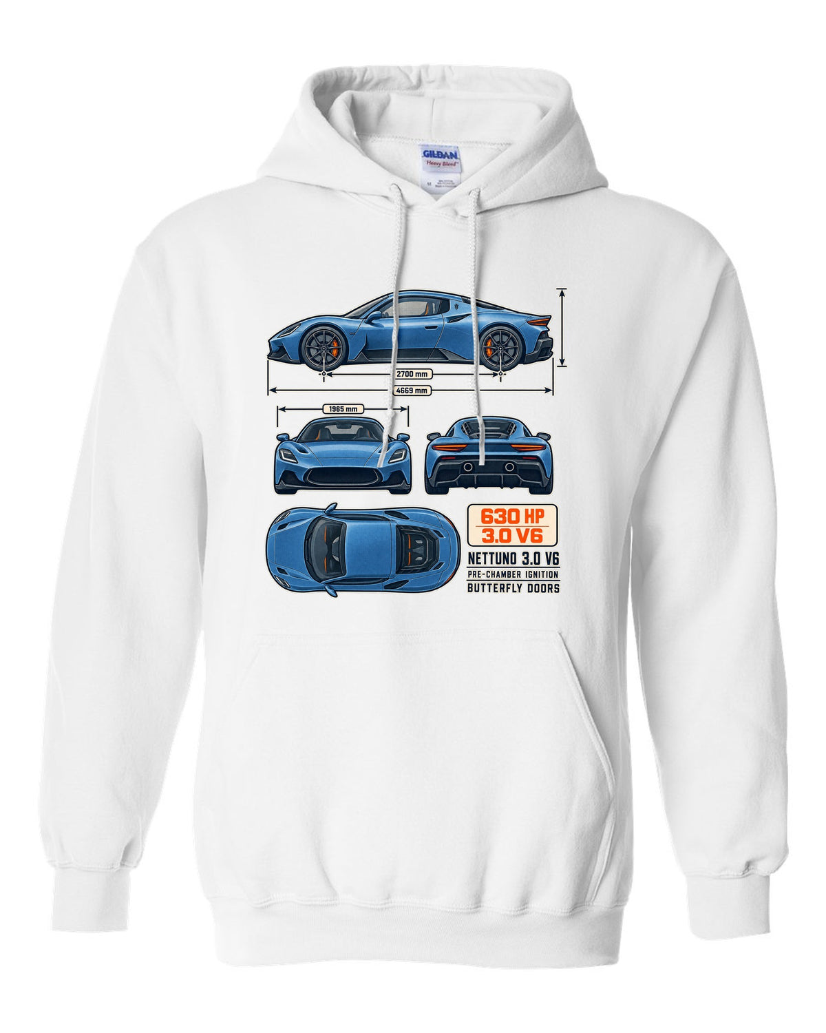 Maserati MC20 dimension blueprint print on a shirt white pull over hoodie front view with the design