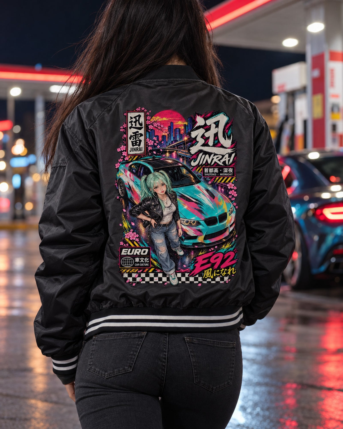JINRAI E92 Anime Girl Full-Back Graphic Tee Bomber Jacket Black worn hero