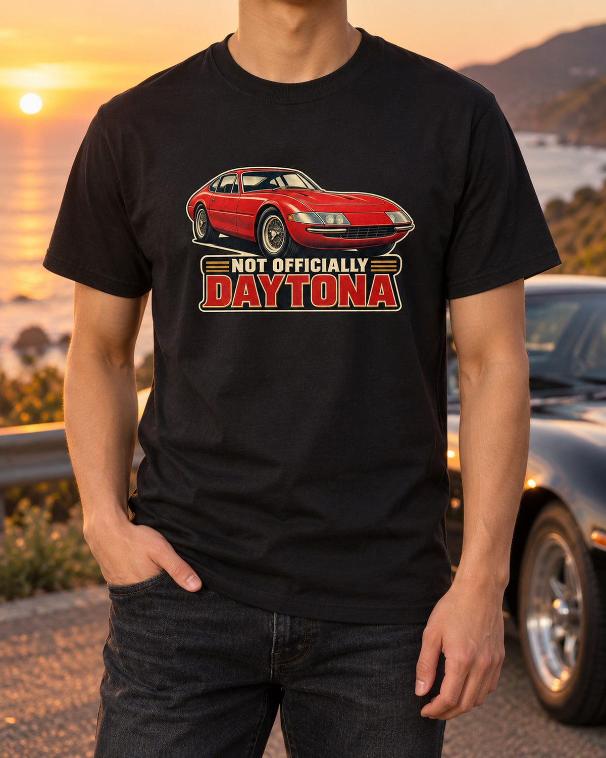Not Officially Daytona, Ferrari 365 GTB/4 Lithograph Shirt T-Shirt Black worn hero