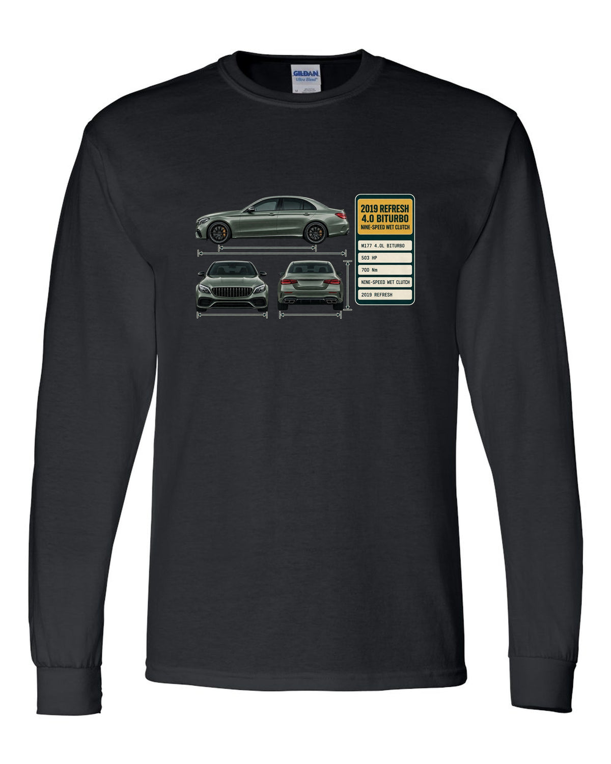 Spec poster print of a Mercedes-AMG C63 S W205 facelift sedan black long sleeve front view with the design