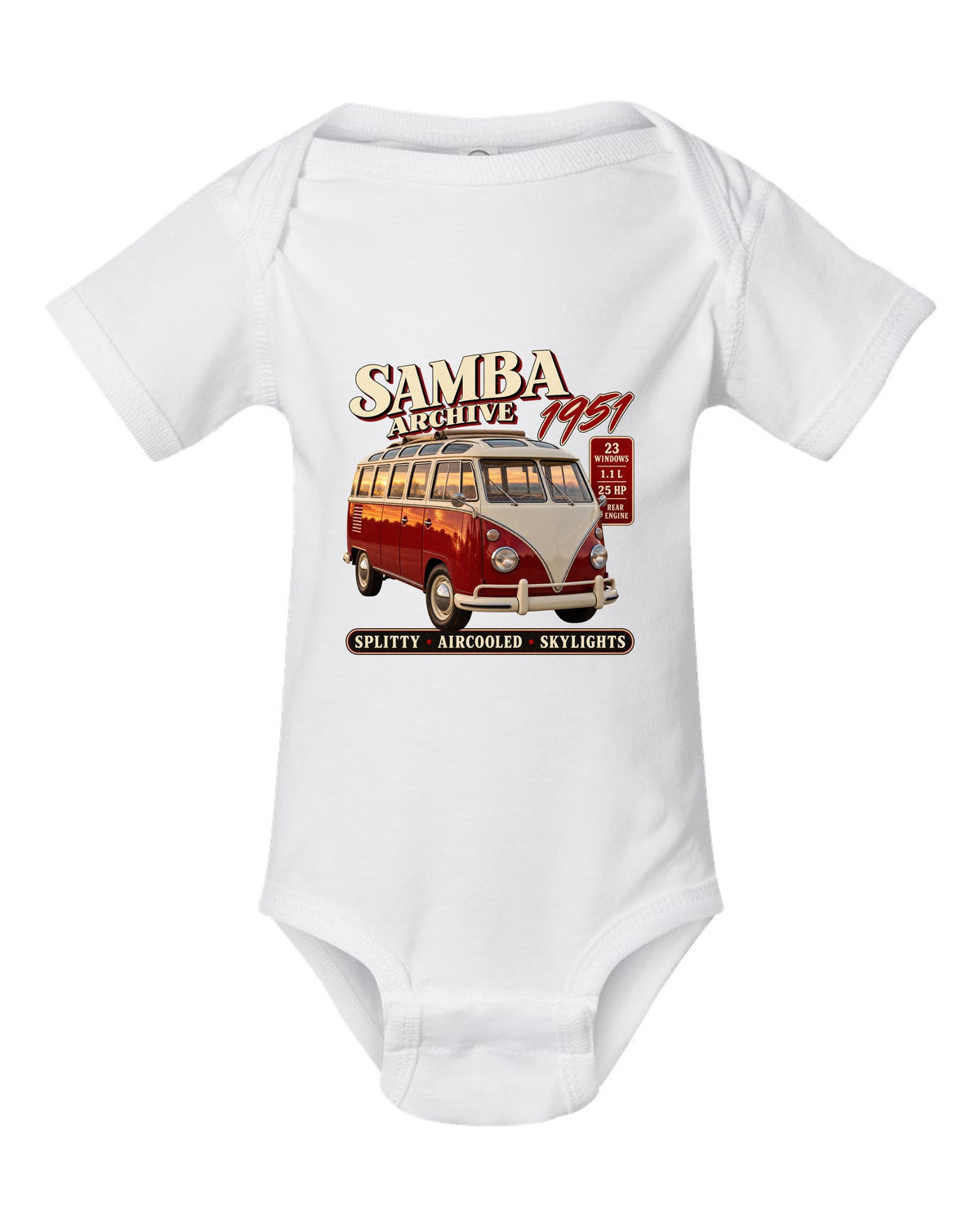 Archive panel print of a VW T1 Samba bus front three-quarter with 23 windows text white baby onesie front view with the design